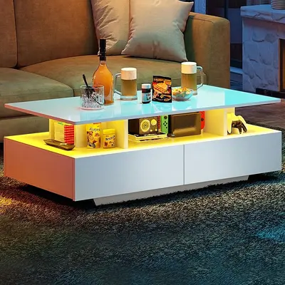 YITAHOME LED Coffee Table with Storage, High Glossy LED Coffee Tables for Living Room, Small Center Table with Open Display S...