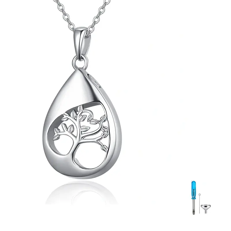 Sterling Silver Tree Of Life Drop Shaped Urn Necklace for Ashes