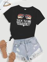 Women's Glasses & Letter Print Round Neck Tee, Summer Clothes Women, Short Sleeve Graphic T-shirt for Summer, Vintage Graphic...
