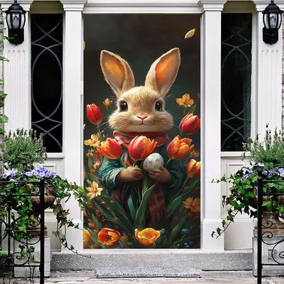 Aperturee Colorful Floral Bunny Egg Happy Easter Door Cover, 30x80 Inch, 28.48 USD, easter door covers, DMMZ1Y17-A