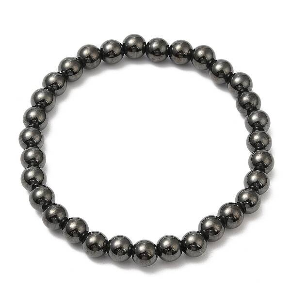 Synthetic Magnetic Hematite Round Beaded Stretch Bracelets
