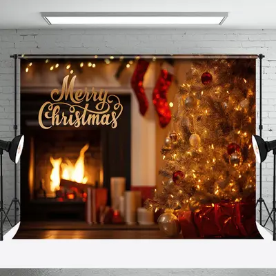 Aperturee Pine Tree Gifts Fireplace Merry Christmas Backdrop - Aperturee
