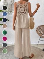Women's Solid Color Hollow Out Tank Top & Wide Leg Pants Two-piece Set, Basic Casual Baggy Sleeveless Top & Pants for Spring ...