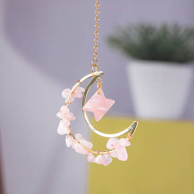 Natural Rose Quartz Chip Wire Wrapped Metal Moon Hanging Ornaments