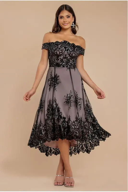 Goddiva Bardot Sequin & Lace High Low Midi - Black