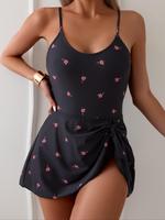 Women's Floral Print Knot Front Wrap Swimsuit, Casual Backless Swimdress for Summer, Fashion Women's Swimwear for Beach Holid...