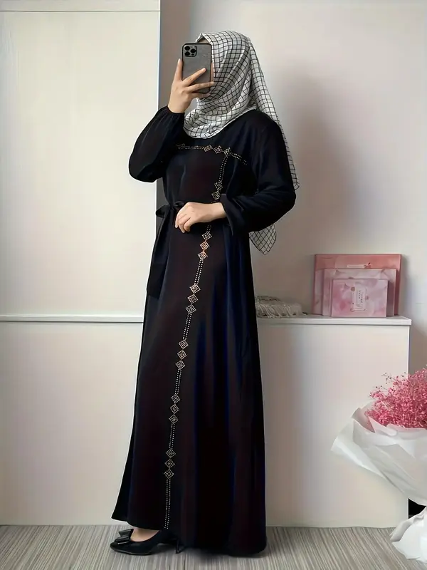 Women's Solid Ethnic Pattern Belted Keyhole Neckline Long Dress, Modest Casual Long Sleeve A Line Dress for Daily Wear, Ladie...