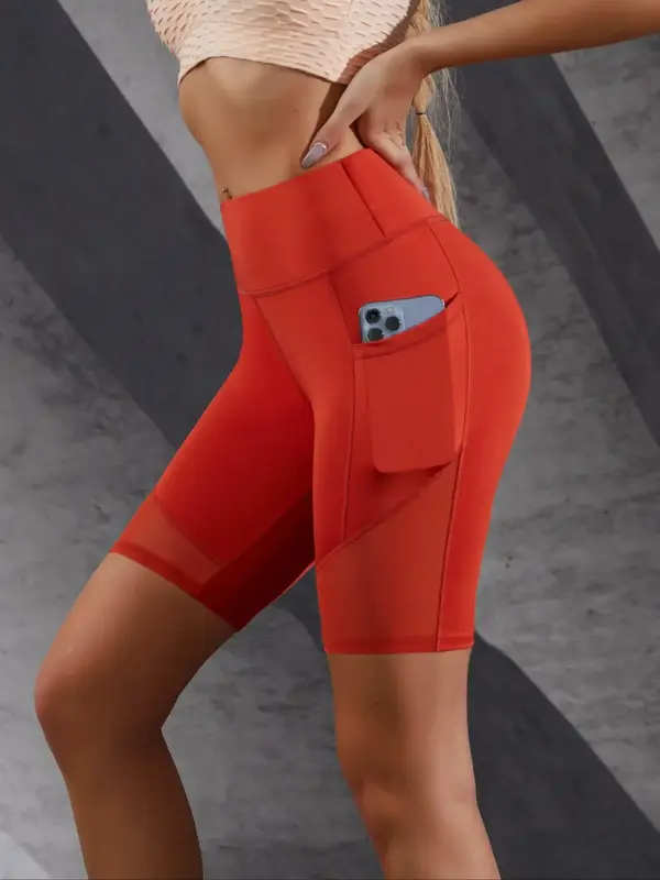 Women's Pocket High Waist Sports Short Leggings, Sporty Breathable Skinny Shorts for Yoga Cycling Biking Running, Ladies Spo...