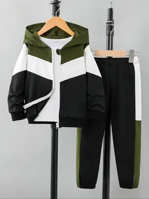 Two-piece Set Boy's Colorblock Zip Up Hoodie & Pants Set, Casual Long Sleeve Hooded Sweatshirt & Jogger Pants for Fall & Wint...