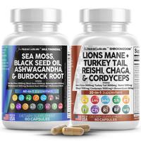 Clean Sea Moss + Lions Mane Mushroom Supplement Bundle  with Cordyceps Chaga Reishi Plus Black Seed Oil, Ashwagandha & Burdoc...