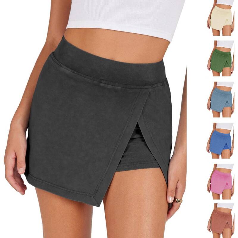 Tanming Washed Mini Skorts for Women High Waist Split Hem Casual Fitted Athletic Bodycon Skort Mini Skirts with Shorts C