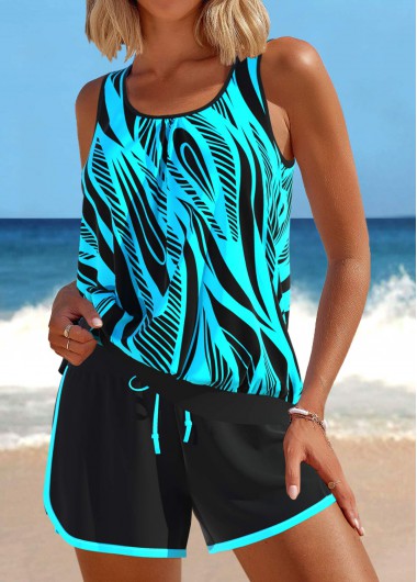 Modlily Tummy Coverage Mid Waisted Geometric Print Cyan Tankini Set - M