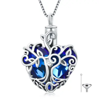 Sterling Silver Heart Shaped Crystal Tree Of Life Urn Necklace for Ashes