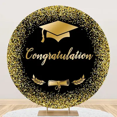 Round Black Gold Cap Congrats Grad Party Backdrop - Aperturee