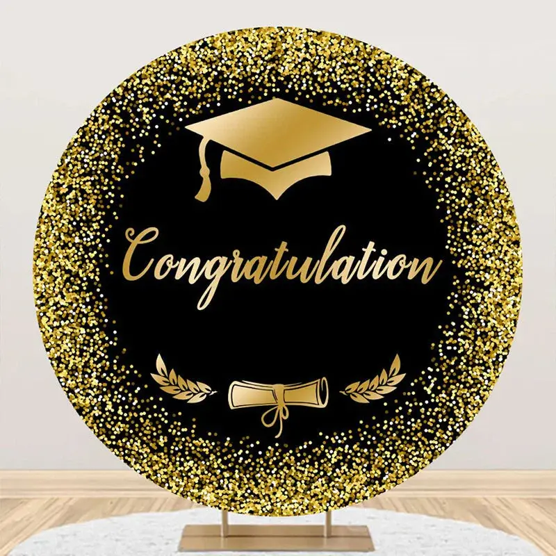 Round Black Gold Cap Congrats Grad Party Backdrop - Aperturee