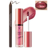 Glitter Lip Gloss with Brown Lip Liner Set Lip Combo, Moisturizing High Shine Shimmer Lip Glow Oil Fresh Lightweight Glossy P...