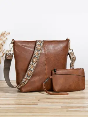 Women's Boho Style Vintage Bag Set (2pcs), Trendy Vintage Crossbody Bag Wide Embroidered Straps & Small Wallet for Women & Gi...