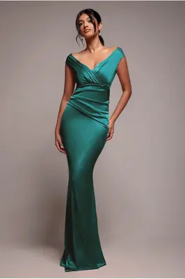 Goddiva Satin Off The Shoulder Maxi Dress - Emerald Green