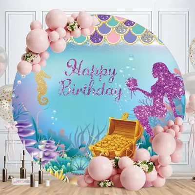 Aperturee Purple Glitter Mermaid Round Birthday Backdrop