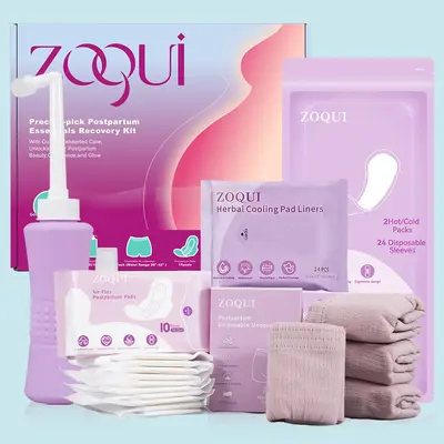 ZOQUI Postpartum Recovery Essentials Kit - Includes Postpartum Pads, Hot&Cold Packs, Cooling Liners, Peri Bottle, Cooling Spr...