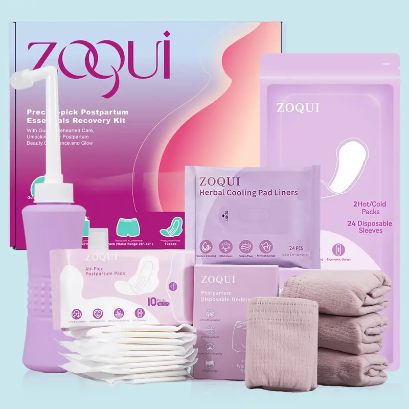 ZOQUI Postpartum Recovery Essentials Kit - Includes Postpartum Pads, Hot&Cold Packs, Cooling Liners, Peri Bottle, Cooling Spr...