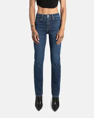 Slim straight fit jeans in mid blue | Thread color: Navy | Waist rise: Mid | Hem length: Cropped