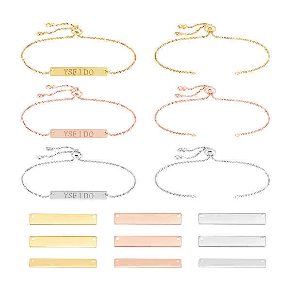 DIY Blank Stainless Steel Rectangle Link Slider Bracelet with Brass Chains Making Kit