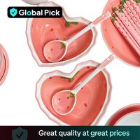 Heart-shaped Ceramic Bowl with Spoon, Creative Strawberry Pattern Bowl & Spoon, Durable Tableware for Kitchen, Household Dini...