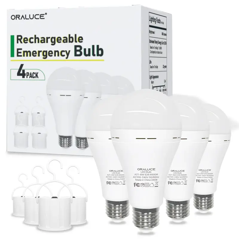 Emergency Rechargeable Energy Efficient table Light Bulbs 60 Watt Cool White Color 6500K LED Battery Powered 2 Pack / 4 Pack ...