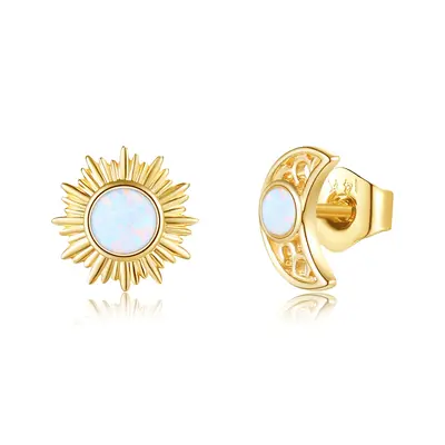 14K Gold Opal Moon & Sun Stud Earrings
