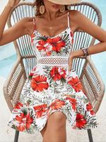Women's Floral Print V Neck Cami Dress, Casual Sleeveless Spaghetti Strap A Line Dress for Beach Holiday Vacation, Ladies Sum...