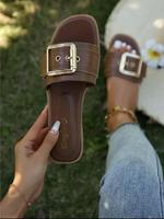 Women's Solid Color Fashion Slippers, with Buckle Design, Casual Comfortable Sandals, Summer Leather Slide Sandals, Lightweig...