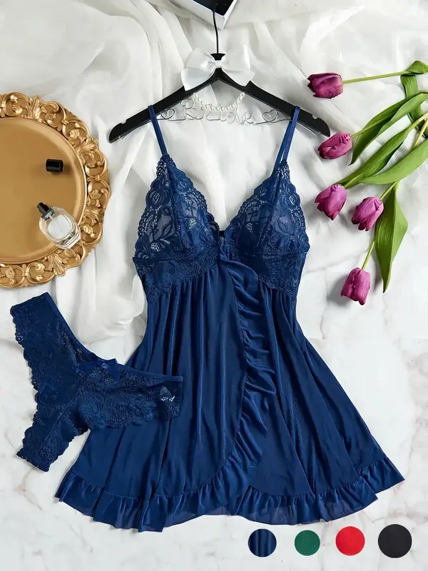 Women's Floral Lace Cut Out Mesh Cami Nightdress & Bow Thong Sleepwear Set, Elegant Sexy Backless Wrap Ruffle Hem Nighty Dre...