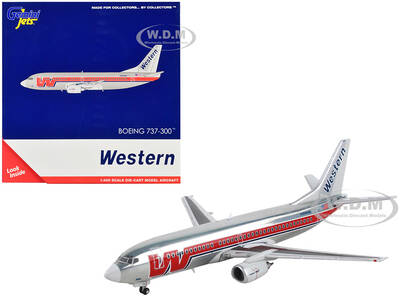 Boeing 737-300 Commercial Aircraft Western Airlines Silver with Red Stripes 1/400 Diecast Model Airplane by GeminiJets
