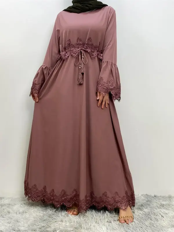 Women's Plain Lace Trim Islamic Dress, Modest Flounce Sleeve Round Neck Dress for Party Wedding Guest, Ladies Clothes for A...