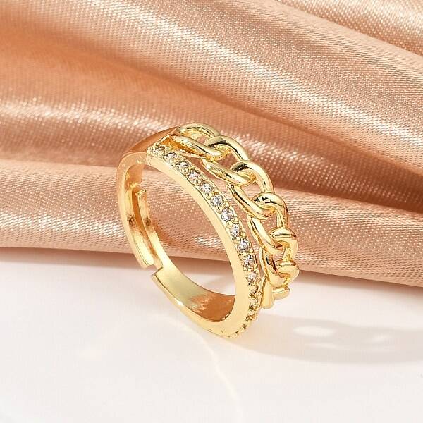 Curb Chain Style Brass Micro Pave Clear Cubic Zirconia Open Cuff Rings for Women