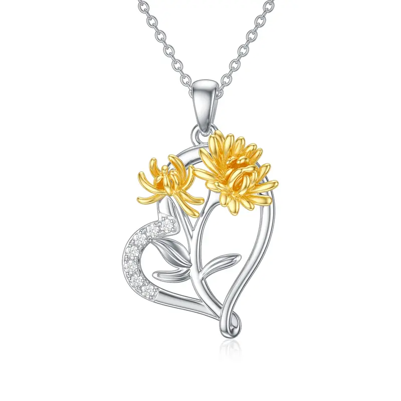 Sterling Silver Two-tone Cubic Zirconia Chrysanthemum & Heart Pendant Necklace