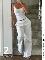 Two-piece Set Women's Solid Crop Tank Top & Wide Leg Pants, Casual Fashion Cozy for Daily Outdoor Wear, Ladies Clothes for Su...