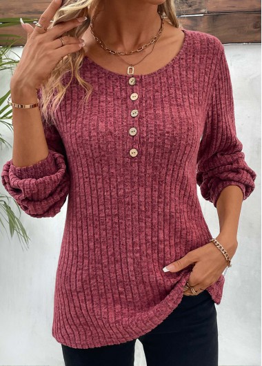 Modlily Dark Reddish Purple Button Long Sleeve T Shirt - XL