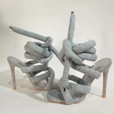 Pasuvo Grey Knit Glamour Strappy Gladiator Sandals with Lace-Up Fallopian Cloth, Open Toe Square Stilettos Ultra-Stylish Plus...