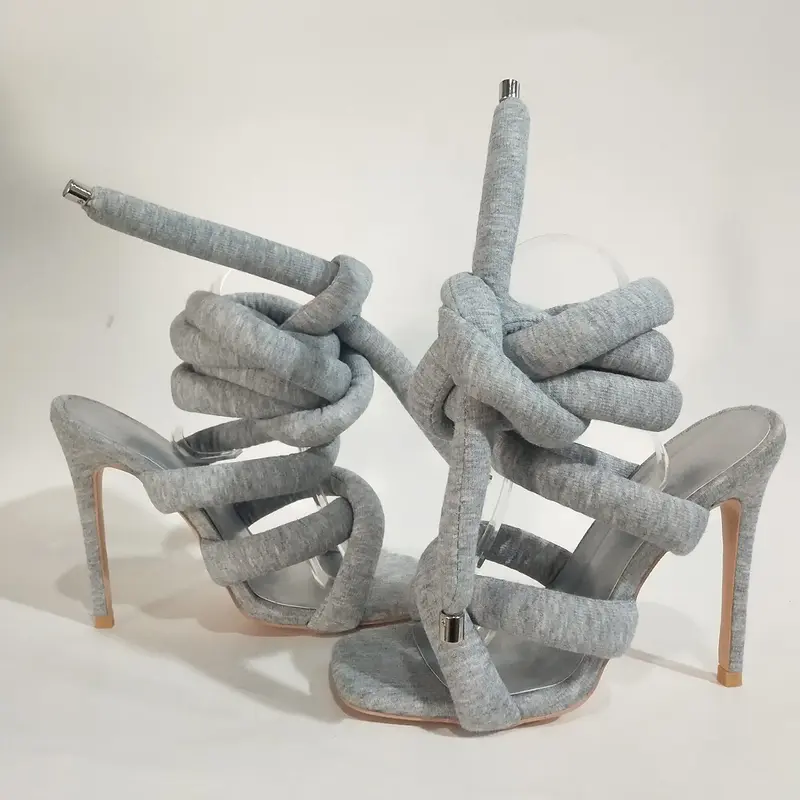 Pasuvo Grey Knit Glamour Strappy Gladiator Sandals with Lace-Up Fallopian Cloth, Open Toe Square Stilettos Ultra-Stylish Plus...