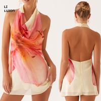 Women Summer Cowl Neck Mini Dress Yellow Floral Halter Neck Backless Zipper Back Sleeveless Cute Dress For Vacation Beach Wom...