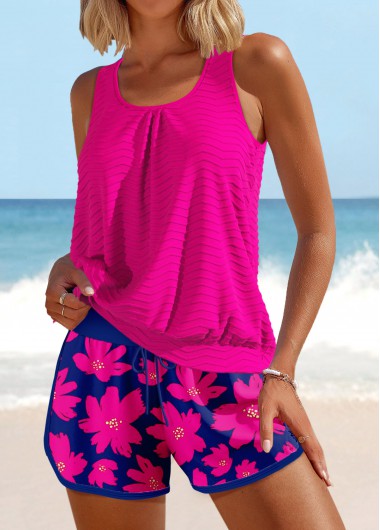 Modlily Patchwork Floral Print Hot Pink Tankini Set - XL