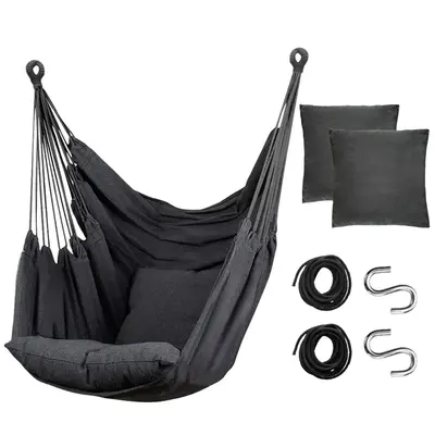 Hammock Chair Hanging Rope Swing - Max 300 Lbs - 2 Cushions Included - for Any Indoor or Outdoor Spaces (Grey)