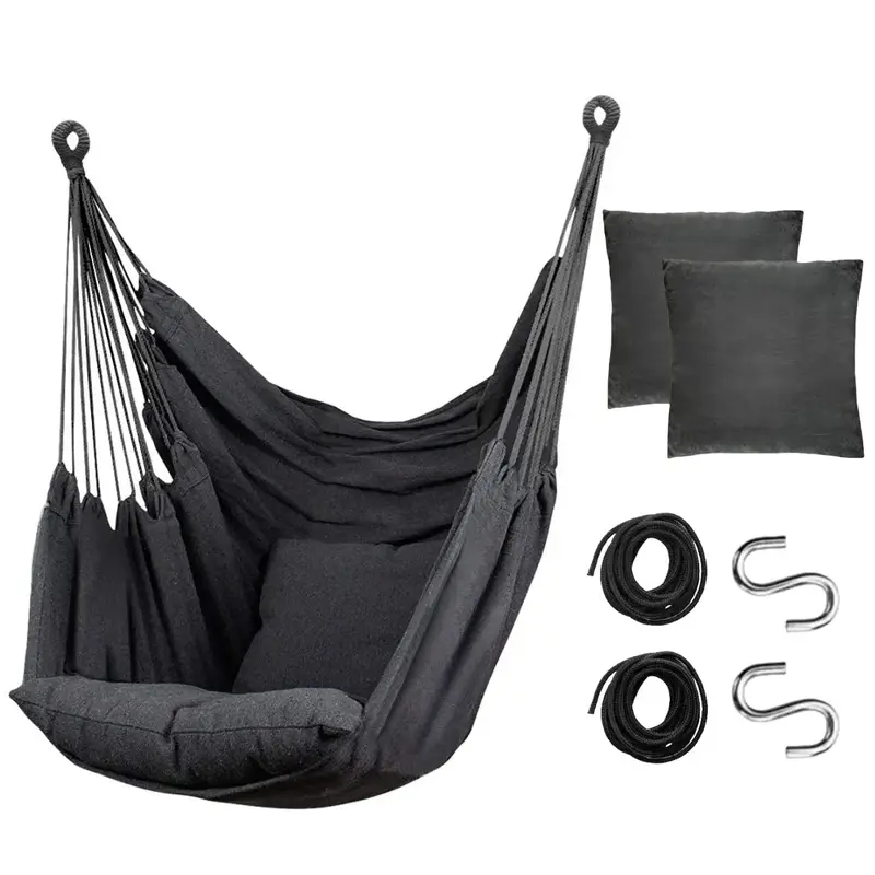 Hammock Chair Hanging Rope Swing - Max 300 Lbs - 2 Cushions Included - for Any Indoor or Outdoor Spaces (Grey)