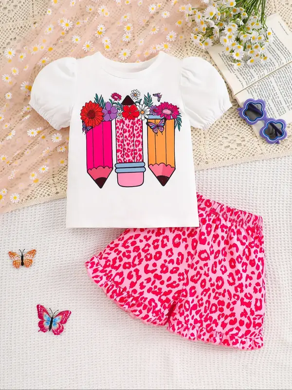 Girls' Spring Summer Fashion Cute Puff Sleeve Top with Cartoon Design, & Leopard Print Ruffled Shorts Set for Back to School,...