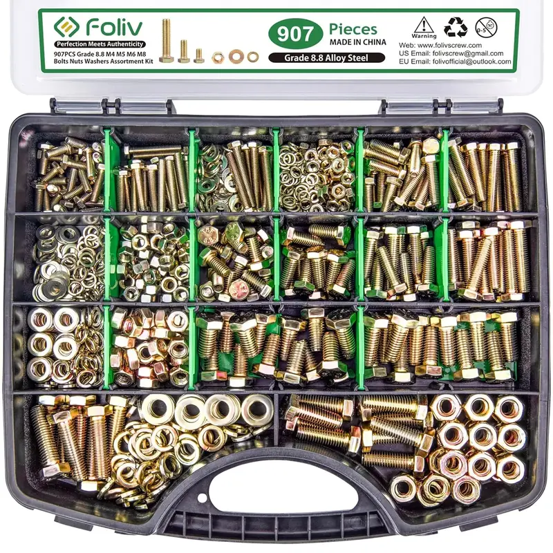 FOLIV 907/523 pcs Grade 8.8 Metric Bolt Assortment, M4 M5 M6 M8 Heavy Duty Bolts and Nuts Kit, Yellow Zinc Plated, Length fro...