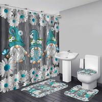 Gnome & Flower Pattern Waterproof Bathroom Curtain Set with 12 Hooks, 1/4 Counts Including Shower Curtain & U-shaped Mat & To...