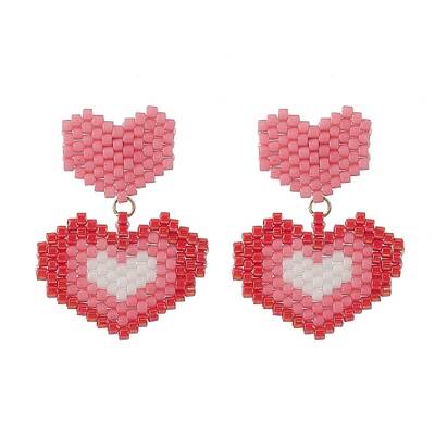 Glass Seed Braided Double Heart Dangle Stud Earrings
