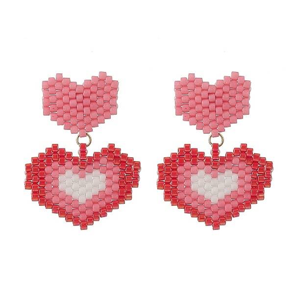 Glass Seed Braided Double Heart Dangle Stud Earrings